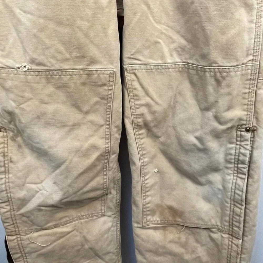 Carhartt red lined bib overalls vtg thrashed 36x29 double knee duck canvas work - Picture 5 of 6